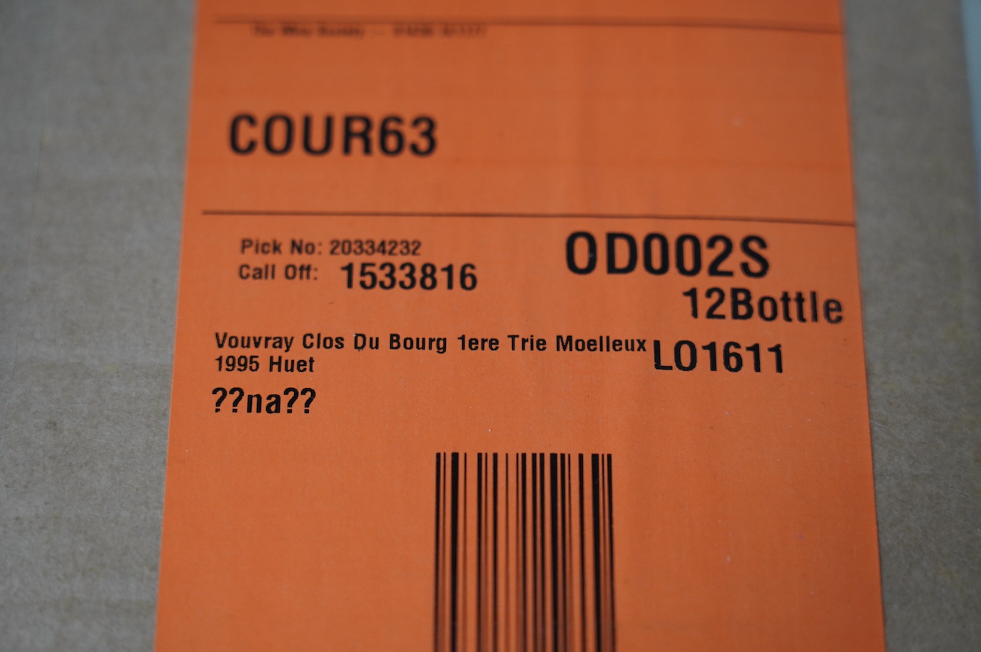 Two sealed cases of twelve bottles (twenty-four bottles) of 1995 Vouvray Clos Du Bourg, in cardboard boxes, purchased en primeur from The Wine Society. Condition - good.